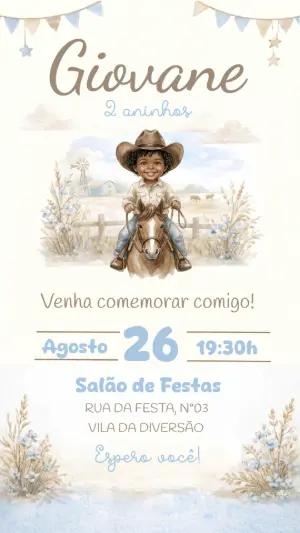 Convite de Aniversário Cowboy Aquarela Editável