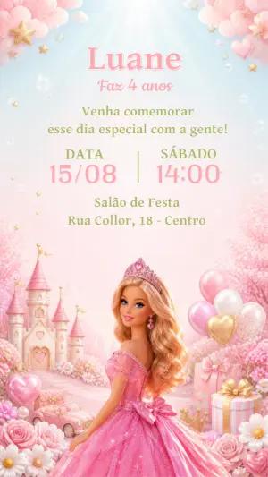 Convite de Aniversário Barbie Princesa | Modelo Digital Editável