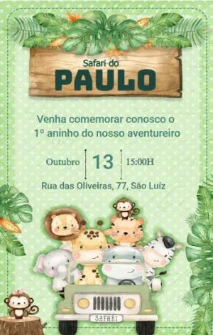 Convite Aniversário Safari com Animais para Editar Online