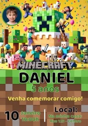 Convite de Aniversário Minecraft com Foto Editável