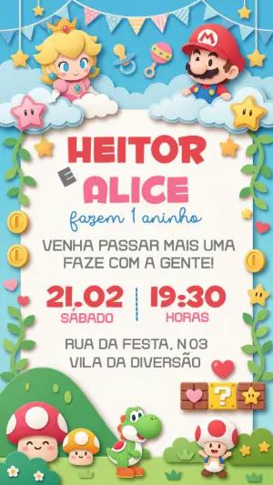 Convite de Aniversário Duplo Super Mario e Peach Baby Editável