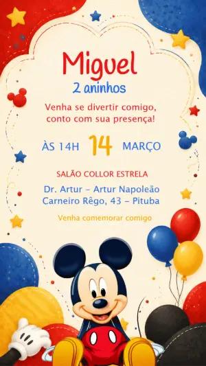 Convite Digital Mickey Aquarela para Aniversário Infantil Editável