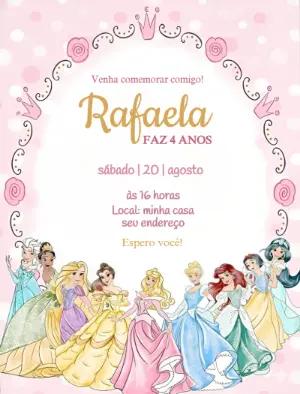 Convite de Aniversário Princesas Disney Rosa para Editar
