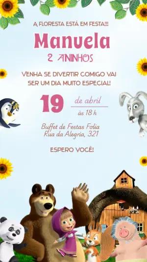 Convite de Aniversário Masha e o Urso Infantil para Editar