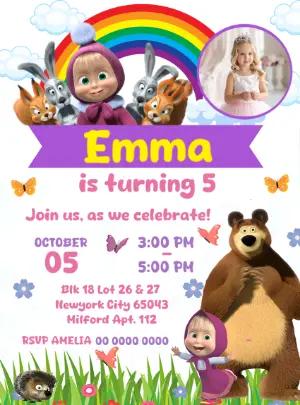 Masha and the Bear Birthday Invitation Editable Template with photo