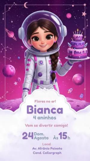 Convite de Aniversário Menina Astronauta no Espaço Editável