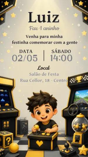 Convite de Aniversário Fliperama Arcade Editável para Menino