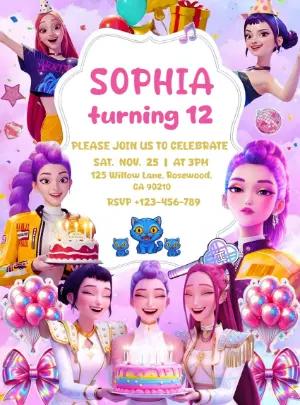 Demon Hunter K-pop Girl Birthday Invitation | Editable Template