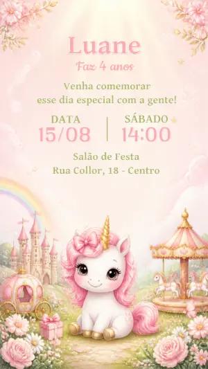 Convite Aniversário Unicórnio Mágico Editável para Menina