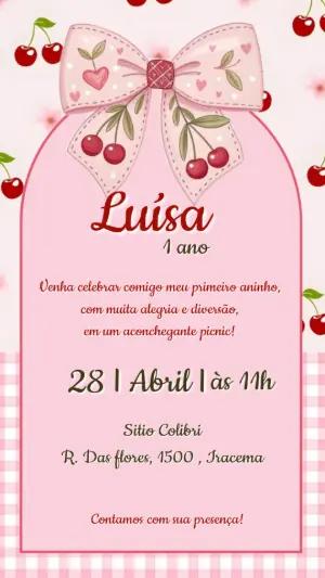 Convite de Aniversário Editável Tema Cerejinha para Piquenique