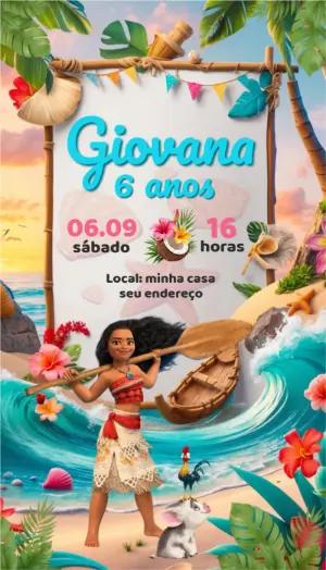 Convite Aniversário Moana Tropical Editável