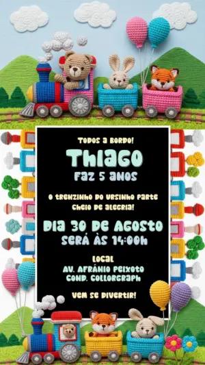 Convite de Aniversário Trenzinho Amigurumi para Editar Online