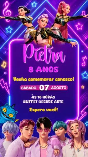 Convite de Aniversário Guerreiras do K-Pop Neon para Editar