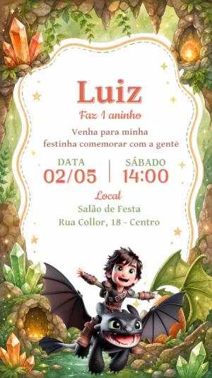 Convite de Aniversário Como Treinar o Seu Dragão Aquarela Editável