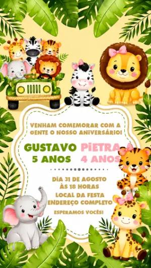 Convite Digital Aniversário Duplo Safari para Editar