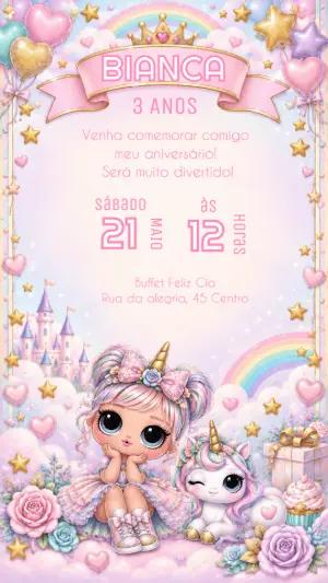 Convite Aniversário LOL Surprise Unicórnio para Editar