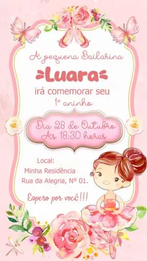 Convite de Aniversário Bailarina Rosa para Editar Online