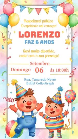 Convite Aniversário Circo com Palhacinhos para Editar Online