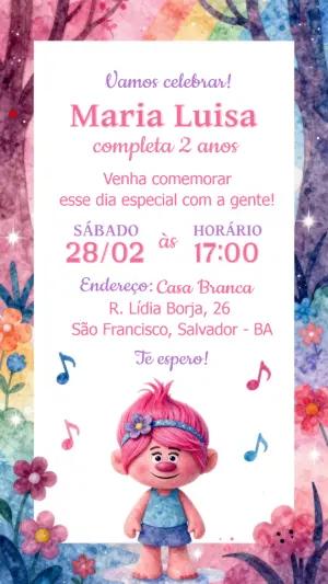 Convite de Aniversário Trolls Colorido para Editar