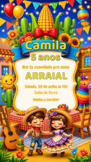Convite de Festa Junina Infantil com Personagens para Editar
