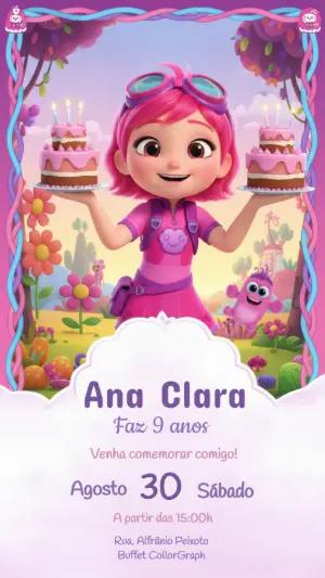 Convite de Aniversário Infantil Menina Aventureira Rosa Editável
