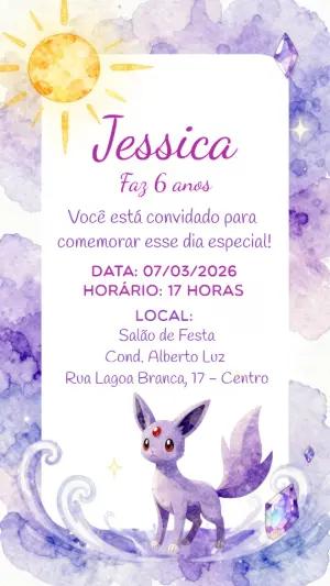 Convite Digital Aniversário Infantil Pokémon Lilás Editável