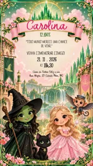 Convite de Aniversário Wicked Verde e Rosa para Editar