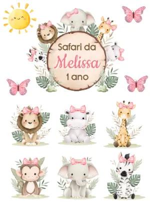 Topper de Bolo Aniversário Safari Menina para Editar e Imprimir
