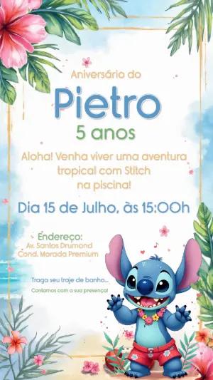 Convite Aniversário Stitch Tropical Aquarela para Editar