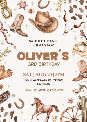 Cowboy Birthday Invitation with Watercolor Art - Editable Template