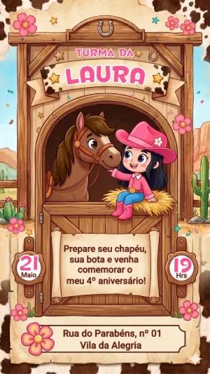 Convite de Aniversário Boiadeirinha Country Rosa Editável