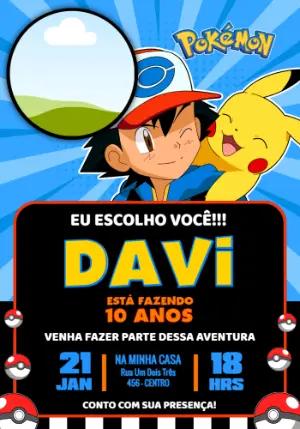 Convite de Aniversário Pokémon com Ash e Pikachu para Editar