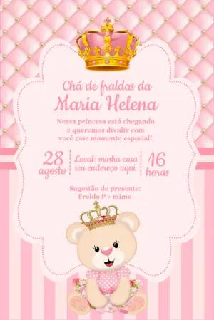 Convite Chá de Fraldas Ursinha Princesa para Editar Online