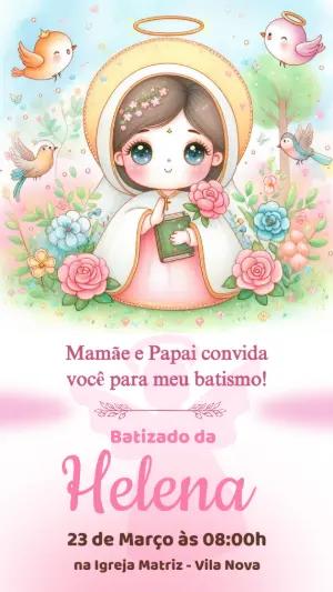 Convite Digital de Batizado Menina Santinha Fofa para Editar