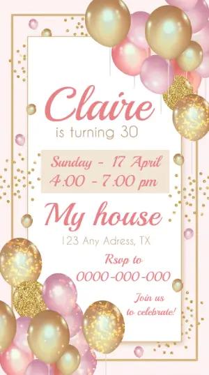 Editable 30th Birthday Invitation with Pink & Gold Balloons
