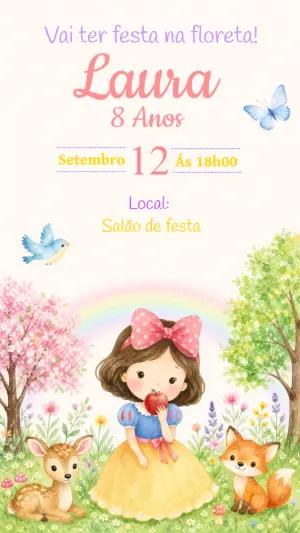 Convite Editável Aniversário Branca de Neve Aquarela