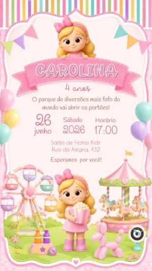 Convite Aniversário Menina Parque de Diversões Editável
