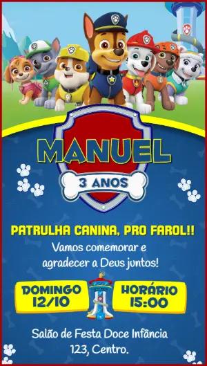 Convite de Aniversário Patrulha Canina para Editar Online