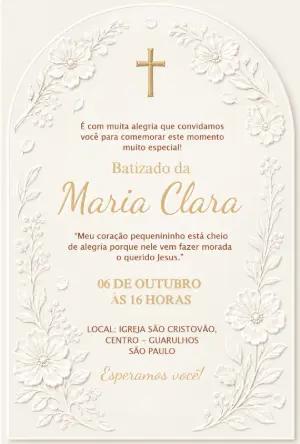Convite de Batizado Menina Floral Dourado Modelo Editável