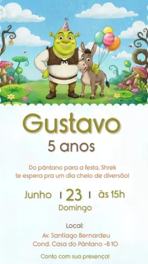 Convite Digital Aniversário Infantil Shrek e Burro Editável