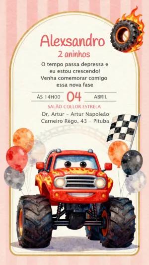 Convite de Aniversário Carro Monstro Aquarela para Editar