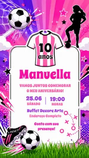 Convite Aniversário Futebol Feminino Rosa para Editar