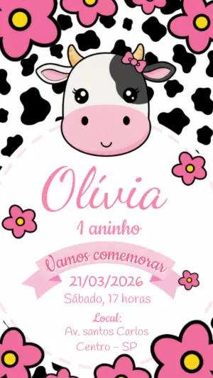Convite de Aniversário Vaquinha Rosa Fofo para Editar