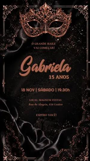 Convite Debutante Baile de Máscaras Preto e Rosé Gold Editável
