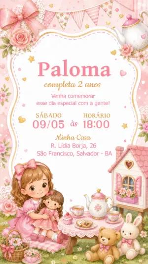 Convite de Aniversário Chá de Bonecas Aquarela Editável