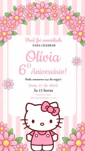 Convite de Aniversário Hello Kitty Rosa e Floral Editável