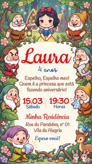 Convite de Aniversário Branca de Neve Fofo para Editar