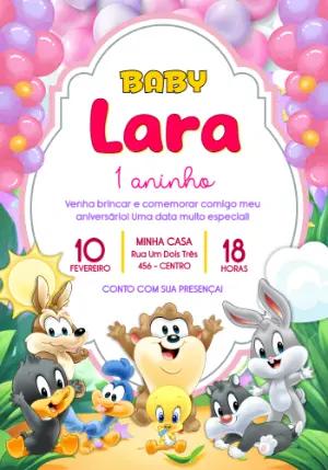 Convite de Aniversário Baby Looney Tunes Colorido para Editar