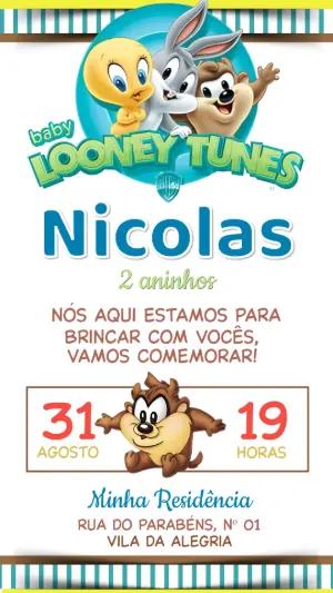 Convite de Aniversário Baby Looney Tunes Colorido para Editar
