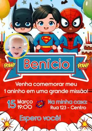 Convite de Aniversário Super-Heróis Baby com Foto Editável